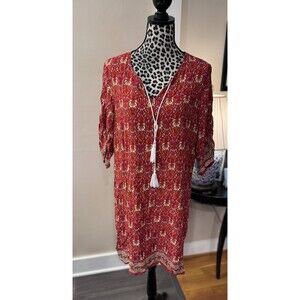 Halife Hawaiian Style Tunic Beach Coverup Tunic Dress Size L Tasseled Tie Neck